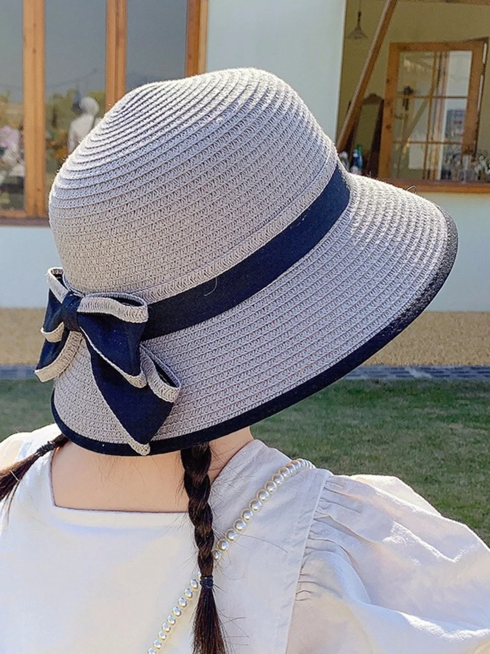 Kids Straw Sun Hat with Navy Trim - Child Beach Hat